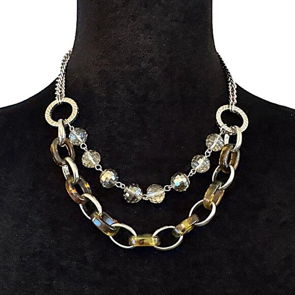 Ann Taylor LOFT Necklace Two Tier Beaded Tortoise Shell Chain Link Silver Tone B - Picture 1 of 4